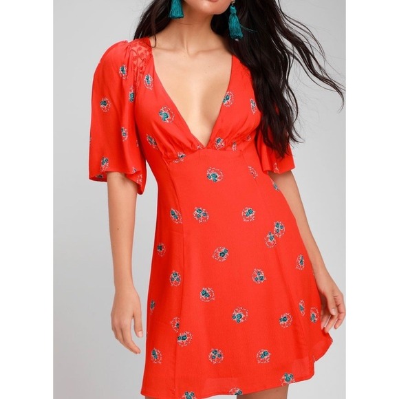 Free People 8 Mockingbird Coral Red Floral Print Backless Mini Viscose Dress - Picture 5 of 9